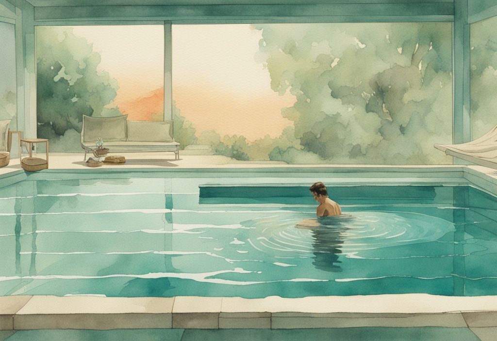 Vintage-Aquarell-Illustration in Teal, zeigt Pool mit halb ausgerollter transparenter Solarabdeckung und Person beim Positionieren