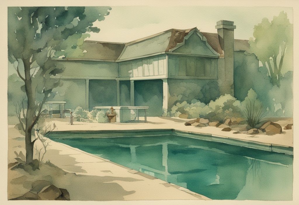 Vintage Aquarell-Illustration eines Pools mit grünen Ablagerungen am Boden, die schlechte Wartung und Wasserqualität widerspiegeln, Hauptfarbe Teal