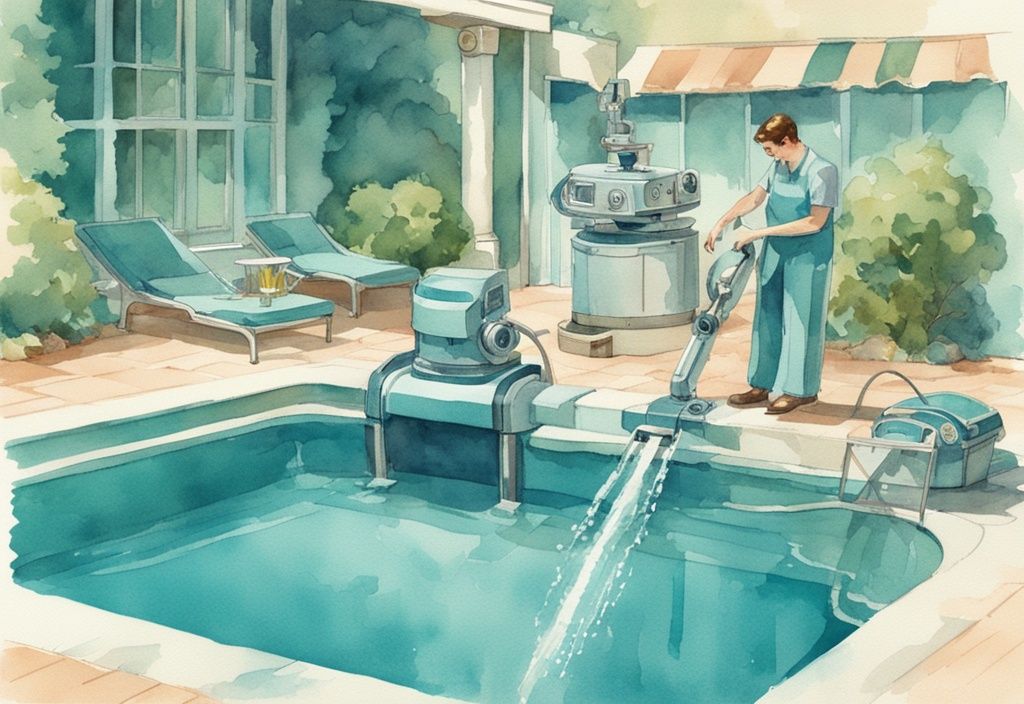 Vintage Aquarell-Illustration eines erstklassigen Poolroboters, der einen funkelnden blauen Swimmingpool reinigt, mit Hauptfarbthema in Türkis.