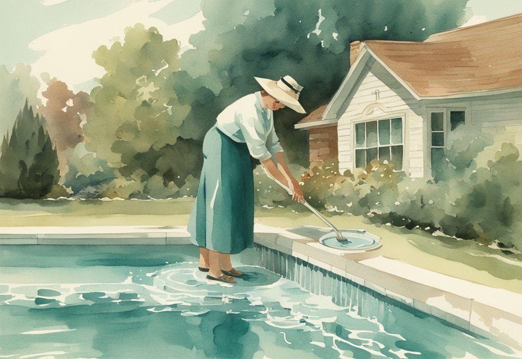 Vintage Aquarellillustration von einer Person, die mit einer langstieligen Poolbürste die Seiten eines Poolliners schrubbt, während das Wasser noch vorhanden ist, Hauptfarbe Teal