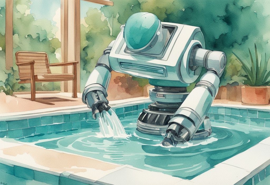 Vintage-Aquarell-Illustration eines modernen Poolroboters, der effizient ein kristallklares Folienbecken reinigt, bester Poolroboter für Folienbecken.