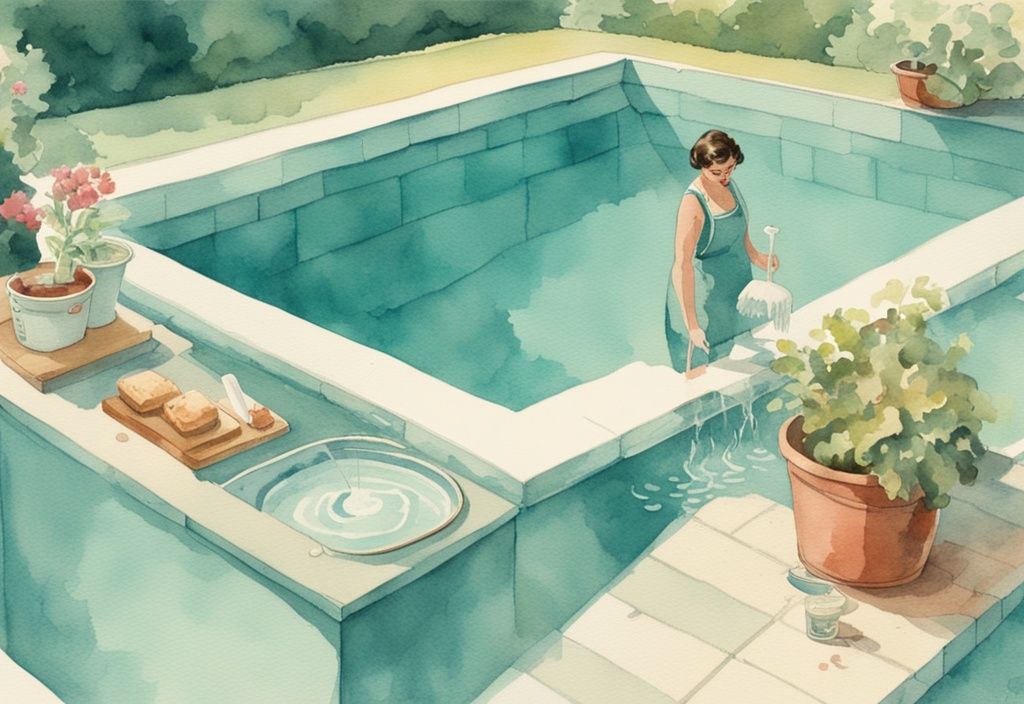 Vintage Aquarell-Illustration eines Menschen neben einem wolkigen Swimmingpool, der mit Haushaltsmitteln wie Backpulver und Essig das Wasser klärt, Hauptfarbthema ist Türkis.