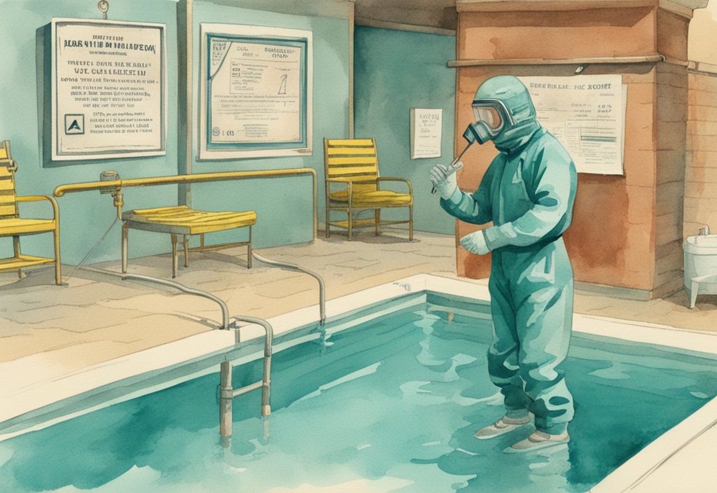 Vintage Aquarellillustration zeigt Person in Schutzkleidung, die den pH-Wert im Pool testet, mit Warnschild "hoch gefährlich" in der Nähe.