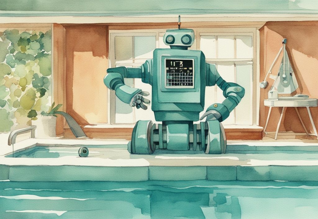 Vintage Aquarell-Illustration mit Kalender, Poolroboter und Pool, die Nutzungsfrequenz des Poolroboters darstellt, Hauptfarbe Teal.