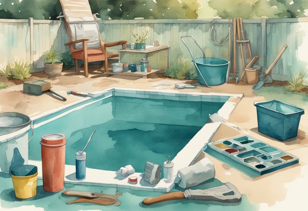 Vintage Aquarell-Illustration eines Heimwerkzeugkastens mit Pool flicken Hausmittel wie Flickzeug, Gummihandschuhe und einem Eimer mit selbstgemischter Lösung neben einem beschädigten Heimschwimmbecken.