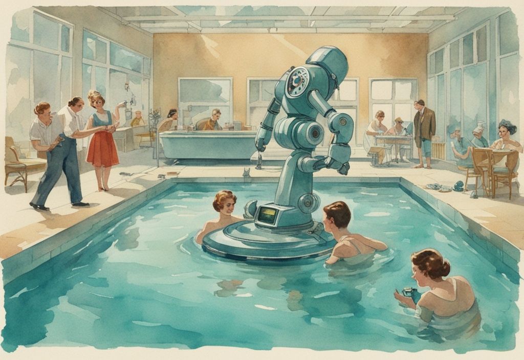 Vintage Aquarellillustration eines Wybot Poolroboters bei der Arbeit in einem sauberen Pool, beobachtet von zufriedenen Kunden – Wybot Poolroboter Erfahrungen.