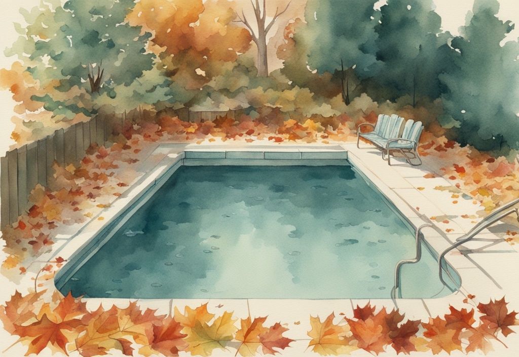 Vintage-Aquarellillustration eines Pools, abgedeckt mit einer wetterfesten Abdeckung, umgeben von Herbstblättern, Pool auswintern ohne Wasserwechsel