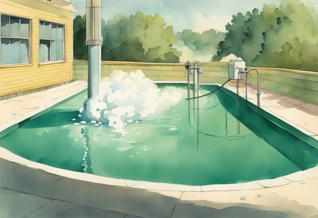 Vintage-Aquarellillustration eines Pools mit Stoßchlorung, bei der weiße Chlorgranulate in das grünliche Poolwasser gegossen werden, Hauptfarbthema: Türkis.