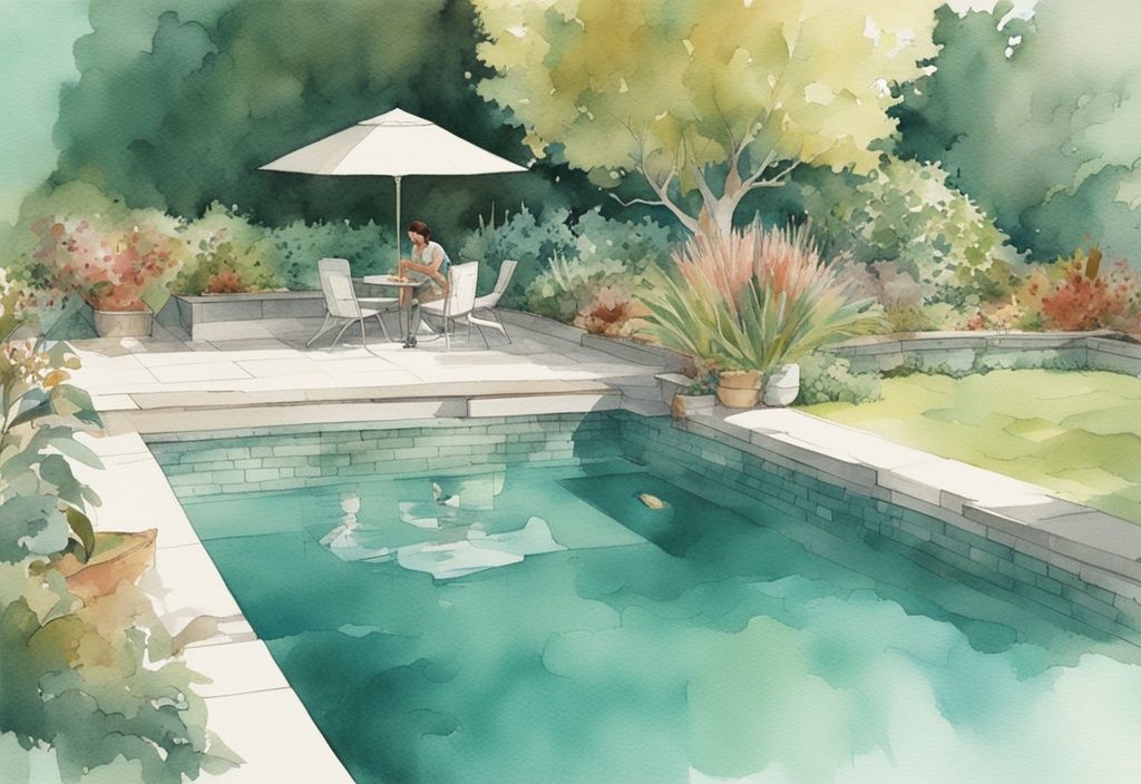 Vintage-Aquarell-Illustration einer Person, die erfolgreich einen schönen, umweltfreundlichen Biodesign-Pool selber bauen in einem üppigen Gartenumfeld.