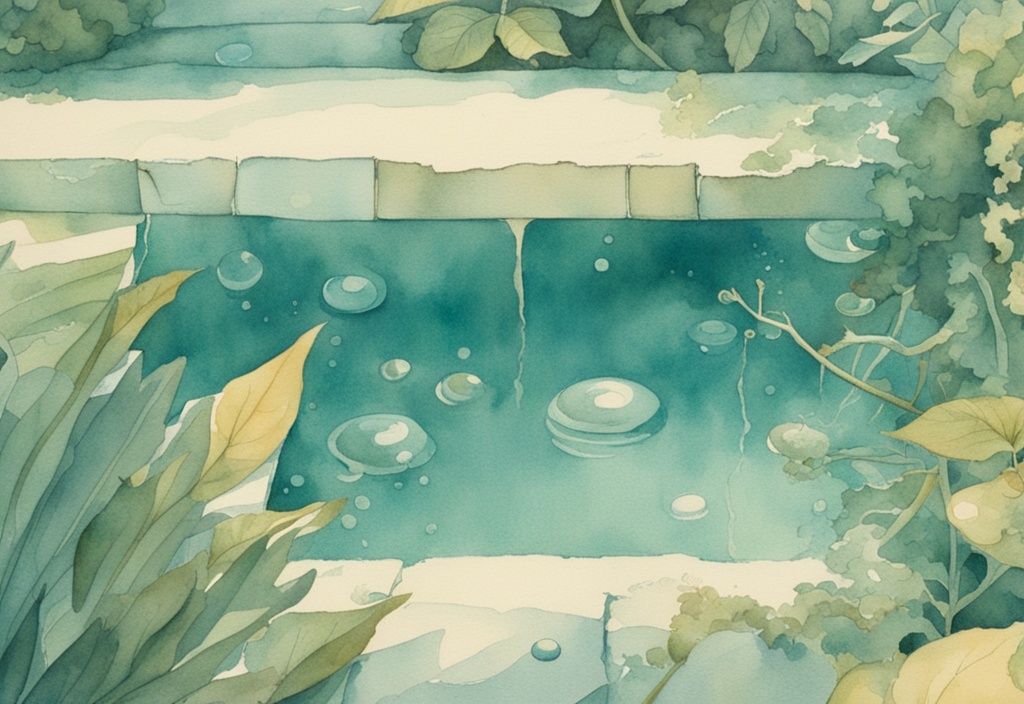 Vintage Aquarell-Illustration eines Pools mit transparenten Würmern im Wasser, Hauptfarbton Türkis, glitzernd unter hellem Sonnenlicht.