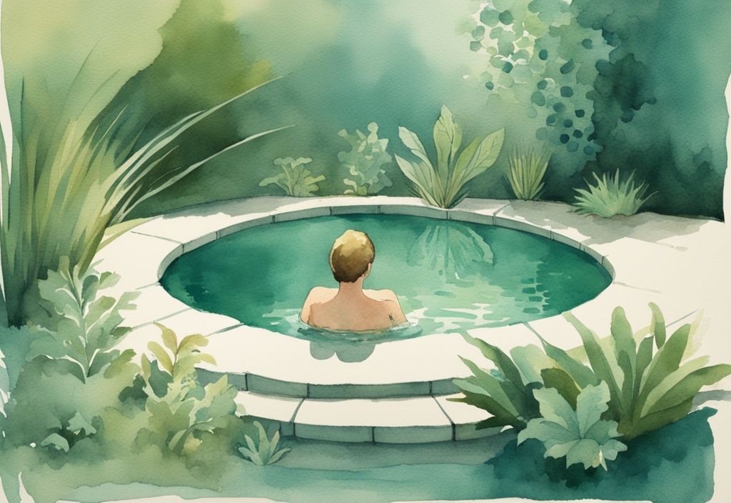 Vintage Aquarellillustration einer Person, die in einem grünen Poolwasser grün trotzdem baden entspannt, umgeben von üppigen Pflanzen.