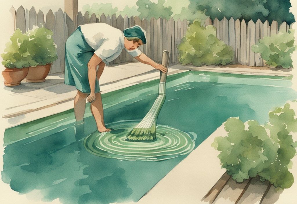 Vintage-Aquarell-Illustration von einer Person, die einen mit Algenflecken bedeckten Pool mit einer Bürste und Reinigungsmittel schrubbt, Hauptfarbthema Teal