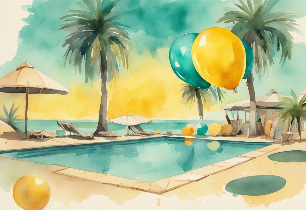 Vintage-Aquarell-Illustration eines gelben Pools unter der Sonne, umgeben von Palmen und Luftballons, mit einigen Strandbällen auf der Wasseroberfläche.