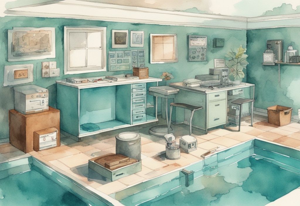 Vintage Aquarellillustration eines selbstgebauten High-Tech-Pools mit verstreuten Technikboxen und Werkzeugen, DIY-Projekt, Hauptfarbe Teal