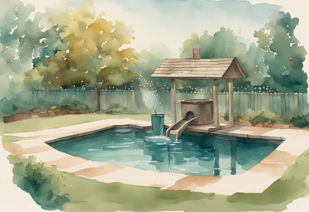 Vintage Aquarellillustration eines ruhigen Gartens mit einem Brunnen neben einem funkelnden Pool, der zeigt, wie Brunnenwasser den Pool füllt, Hauptfarbe Teal.