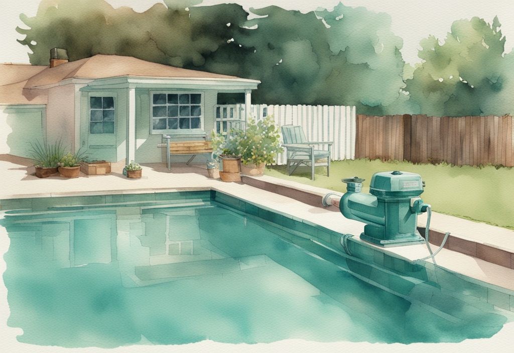 Vintage Aquarell-Illustration eines Poolpumpensystems in Betrieb mit Schutzabdeckung neben einem glitzernden Hinterhof-Swimmingpool in Teal-Farbtönen