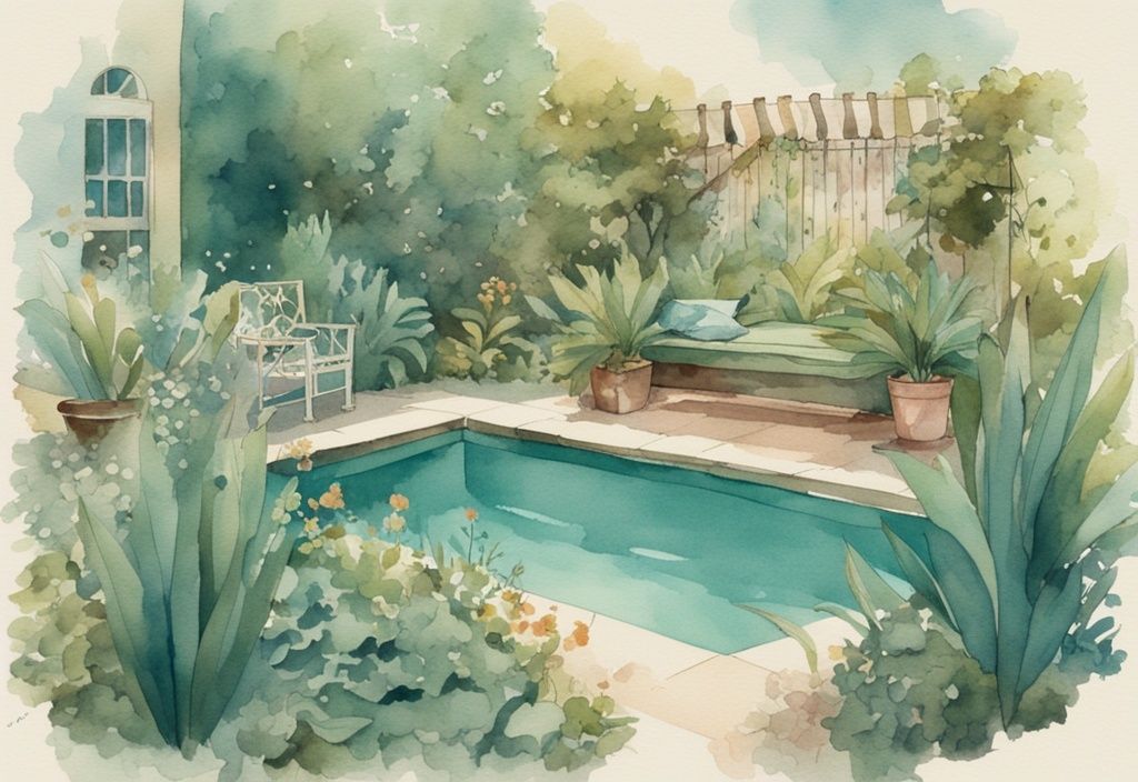 Vintage Aquarellillustration eines kleinen eleganten Gartenpools mit Preisschildern, umgeben von üppigen Pflanzen und Ausrüstung; wie teuer ist ein kleiner Pool im Garten.