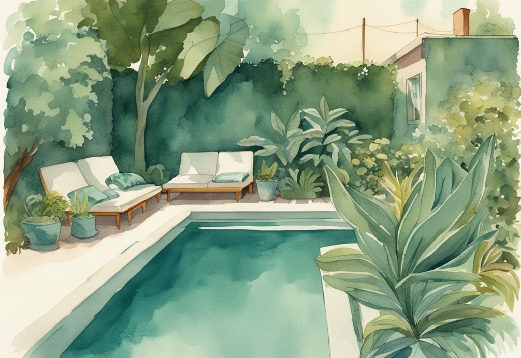 Vintage Aquarell-Illustration eines üppigen Gartens mit Swimmingpool und hohen grünen Pflanzen als Sichtschutz, Hauptfarbton ist Türkis.