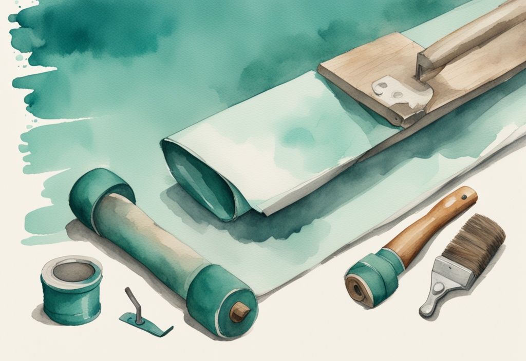 Vintage Aquarell-Illustration eines DIY-Poolrollers in Teal, zeigt Schritt-für-Schritt-Bauanleitung mit Werkzeugen und Materialien.