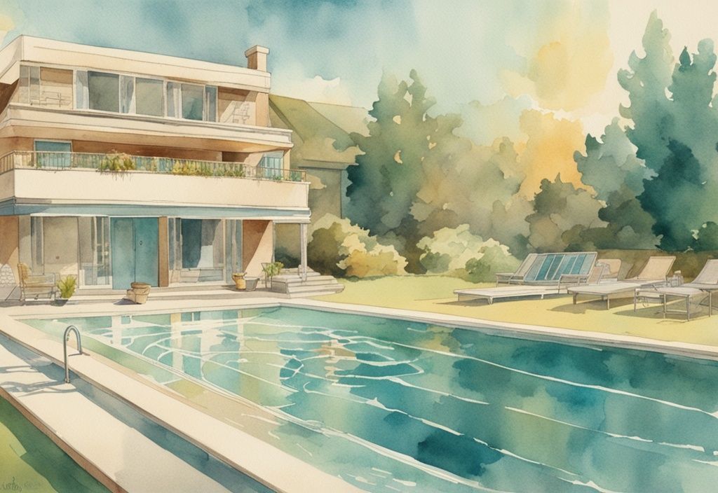 Vintage-Aquarell-Illustration eines luxuriösen Außenpools mit schwimmenden Solarthermie-Kollektoren bei Sonnenlicht in Teal-Farbtönen