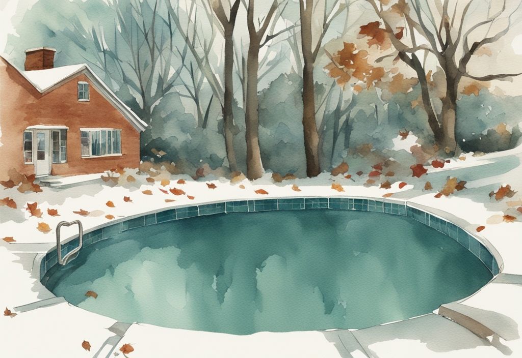 Vintage-Aquarell-Illustration eines Pools mit winterfester Abdeckung, verstreuten Blättern und winterlicher Kulisse in Tealtönen.