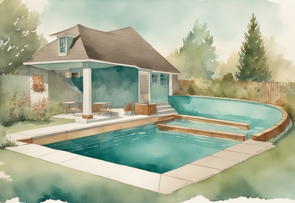 Vintage Aquarell-Illustration eines DIY-Swimmingpools im Querschnitt, Hauptfarbton Türkis, Schichten des Poolbodens im Garten.