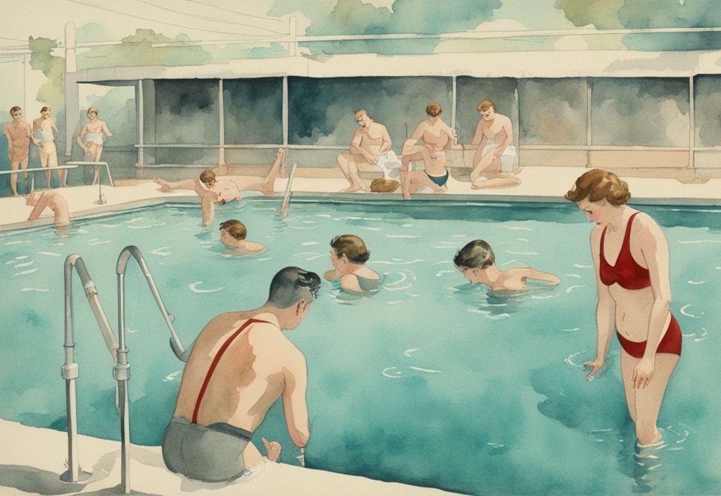 Vintage Aquarell-Illustration eines Pools mit Aktivsauerstoff, Schwimmer mit roten Markierungen für Augen- und Hautreizungen, Hauptfarbe Teal