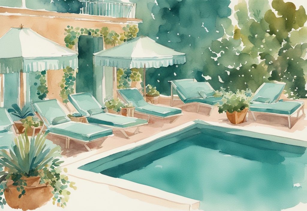 Vintage Aquarell-Illustration einer luftigen Terrasse mit glitzerndem blauen Pool, umgeben von Liegestühlen, üppigen Pflanzen und einem Outdoor-Essbereich in Teal-Farbtönen.