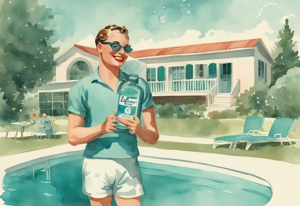 Vintage Aquarell-Illustration eines sauberen Pools mit Blasen auf der Wasseroberfläche, Person im Hintergrund hält eine Flasche Spülmittel und einen Schwamm, Daumen hoch nach dem Pool reinigen mit Spülmittel.