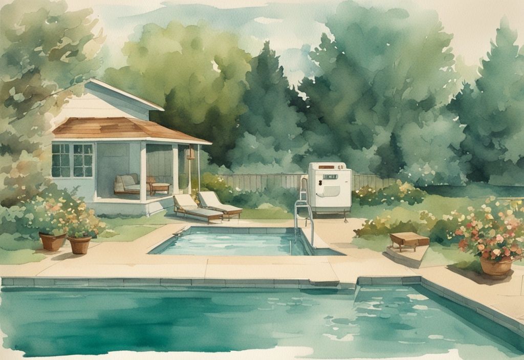 Vintage Aquarell Illustration eines gehobenen Gartens mit Pool, leicht trübem Wasser und einem schwimmenden Wassertestkit, das gute Wasserwerte anzeigt, Hauptfarbe Teal