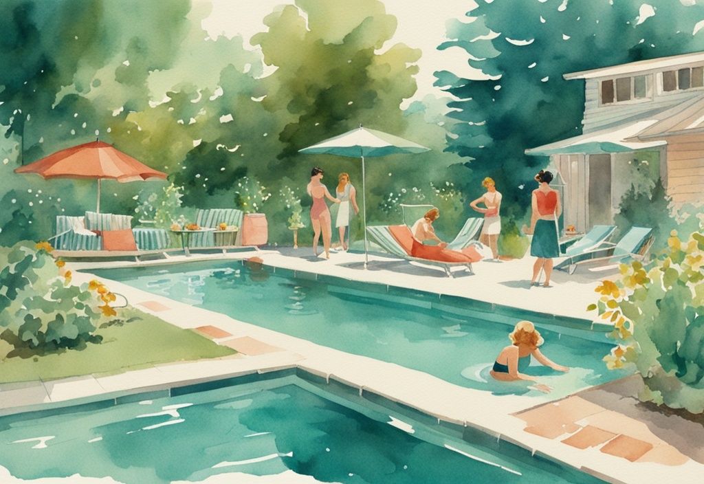 Vintage Aquarell-Illustration eines schönen Gartens mit sauberem Pool, umgeben von üppigem Grün und fröhlichen Menschen, die schwimmen und entspannen.