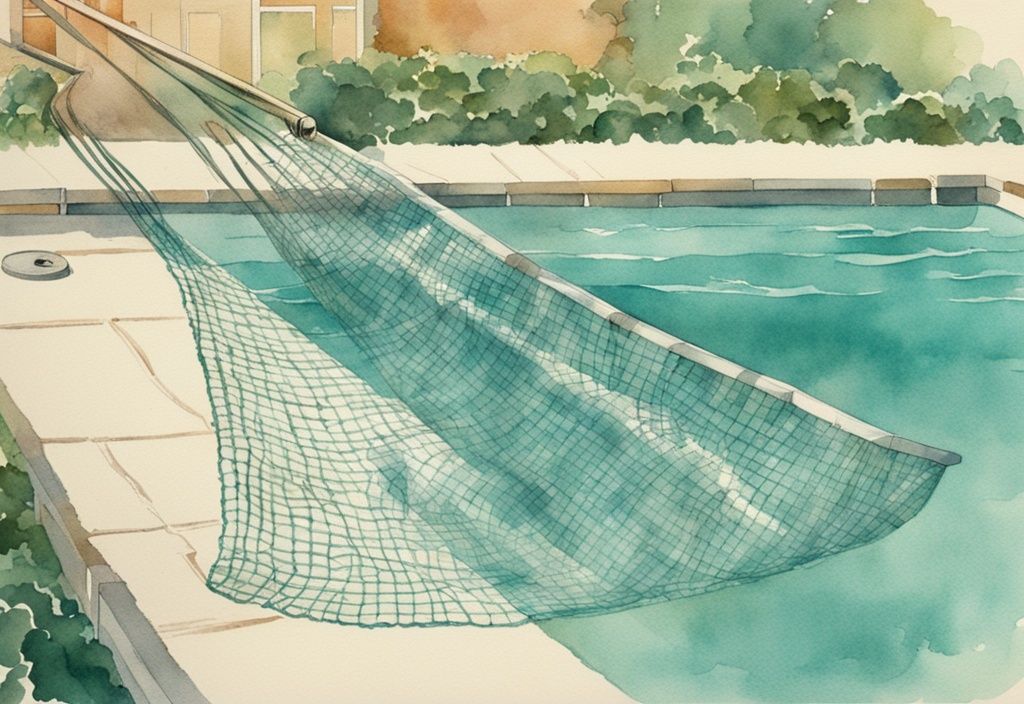 Vintage Aquarellillustration in Teal: Pool-Ablagerungen am Boden entfernen mit einem Poolskimmer-Netz in einem klaren, funkelnden Schwimmbecken.