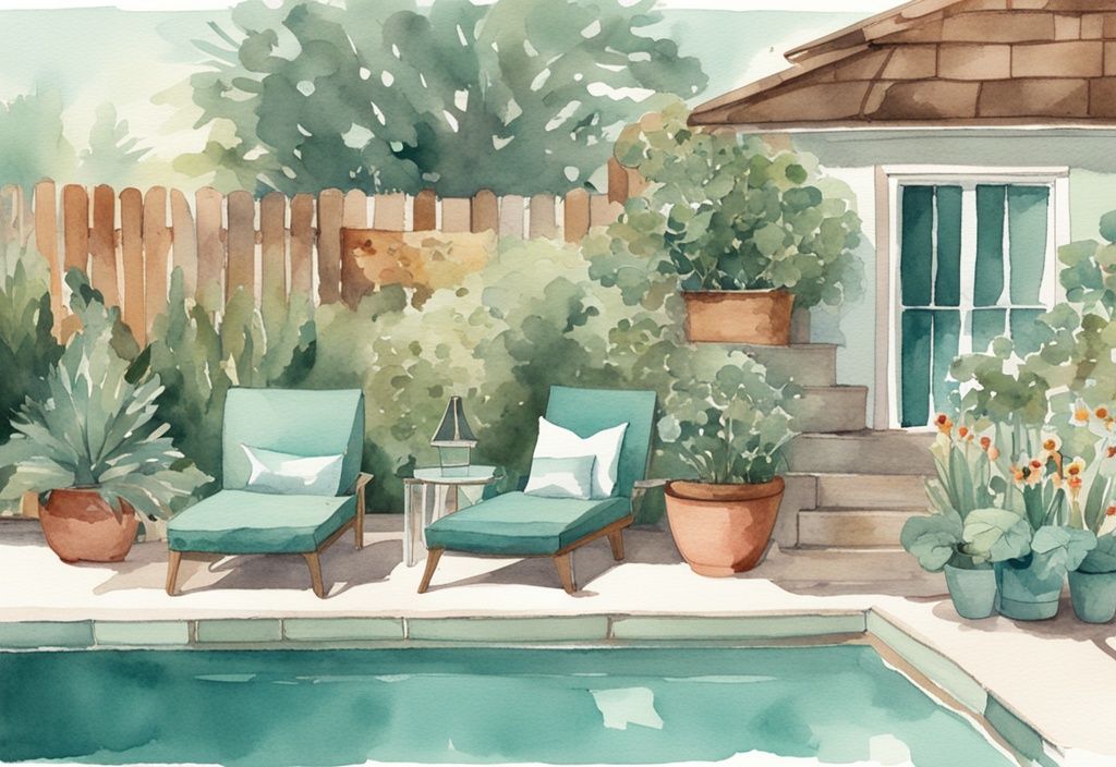 Vintage Aquarell-Illustration eines kleinen Pools in einem angelegten Garten mit Preisschildern an Pool, Gartenmöbeln und Pflanzen, Hauptfarbton Türkis