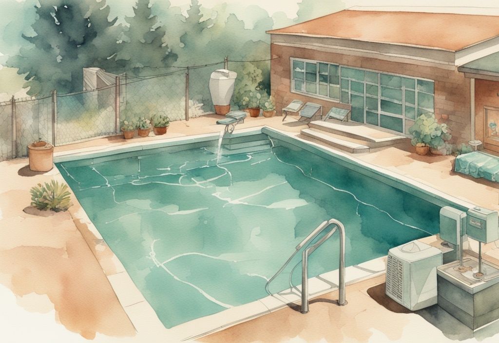 Vintage-Aquarell-Illustration in Teal, die zeigt, wie man eine Pool-Wärmepumpe anschließt und alle notwendigen Schritte des Prozesses darstellt.