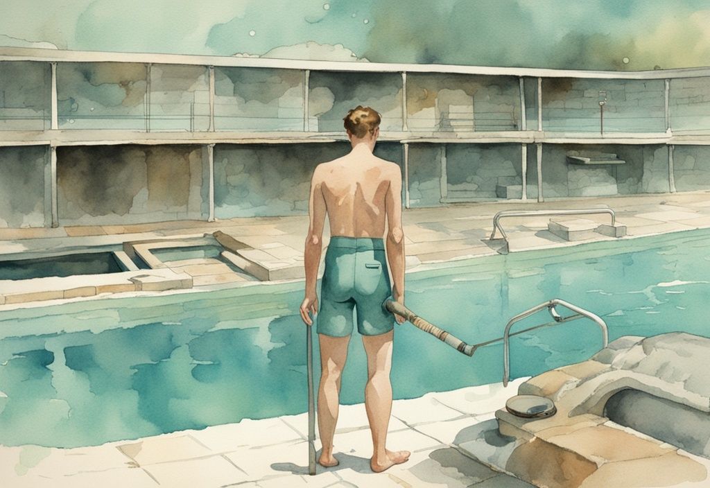 Vintage-Aquarell-Illustration eines korrodierten Salzwasserpools mit beschädigter Ausrüstung und einem unglücklichen Schwimmer mit gereizten Augen und Haut, Hauptfarbe Teal.