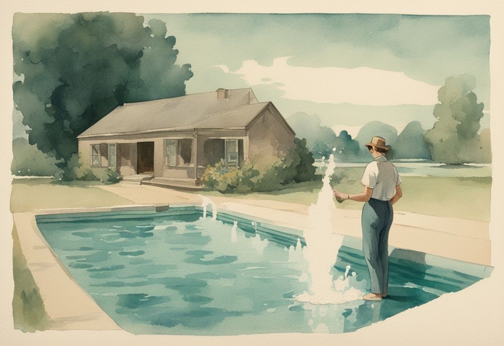 Vintage Aquarellillustration in Türkis, Person neben einem aufblasbaren Pool, streut Mehl auf die Wasseroberfläche zur Lecksuche.