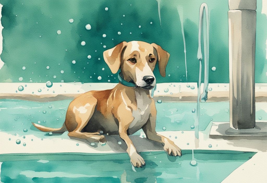 Vintage-Aquarell-Illustration eines spielerischen Hundes nahe einem Schwimmbecken, Hund hat Chlorwasser getrunken, Hauptfarbe Türkis.