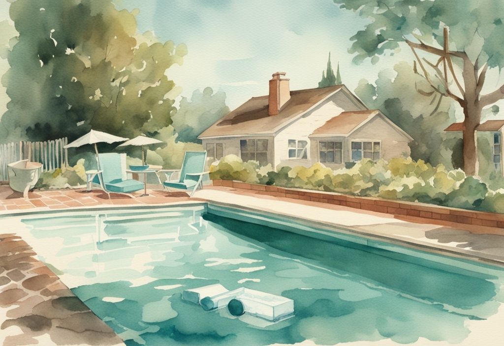 Vintage Aquarell-Illustration eines makellosen Swimmingpools in Teal-Farbtönen mit Spülmittelflasche und Schrubbbürste am Beckenrand.