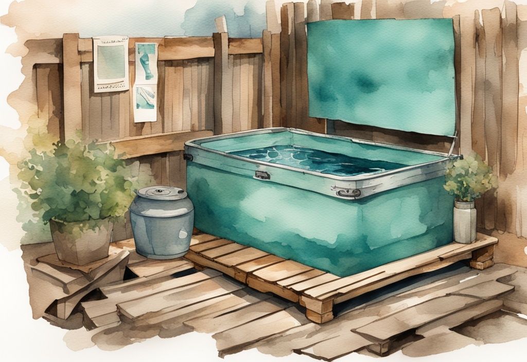 Vintage Aquarell-Illustration eines DIY-Projekts: Whirlpool-Umrandung aus Paletten selber bauen, handgefertigte Umrandung aus recycelten Paletten in Teal-Farbtönen.