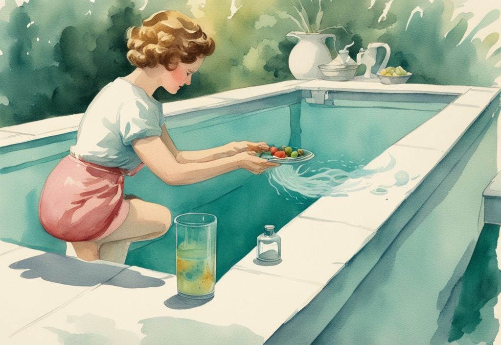 Vintage Aquarell-Illustration: Hand tropft Lebensmittelfarbe in Schwimmbecken, farbige Wolke bewegt sich zu kleinem Loch. Hauptfarbe: Türkis.