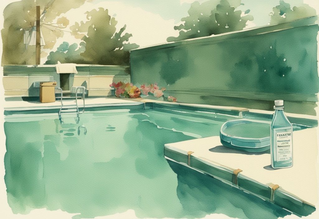 Vintage-Aquarell-Illustration eines sauberen Pools mit klarem Wasser im Kontrast zu einem grünen, trüben Pool, daneben eine Flasche Chlor und ein pH-Testkit.