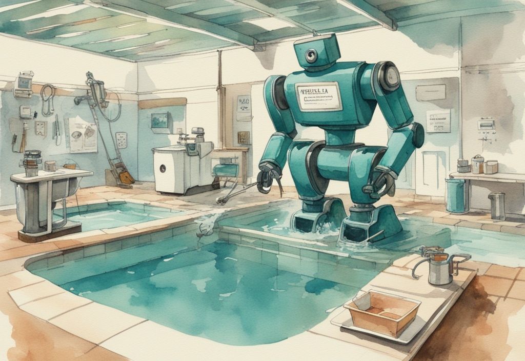 Vintage Aquarellillustration in Türkis zeigt einen Poolroboter in Aktion mit beschrifteten Teilen und Pfeilen, die den Reinigungsprozess darstellen; wie funktioniert ein Poolroboter.