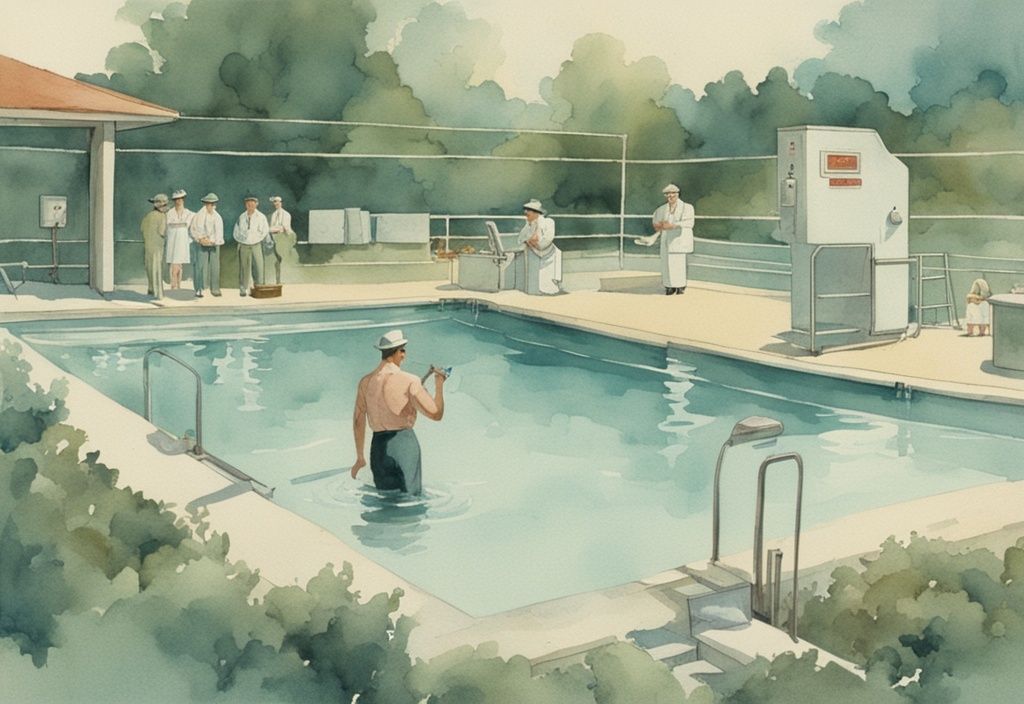 Vintage Aquarell-Illustration eines malerischen Pools mit Poolausrüstung und einer Person, die den Chlorwert Pool testet.