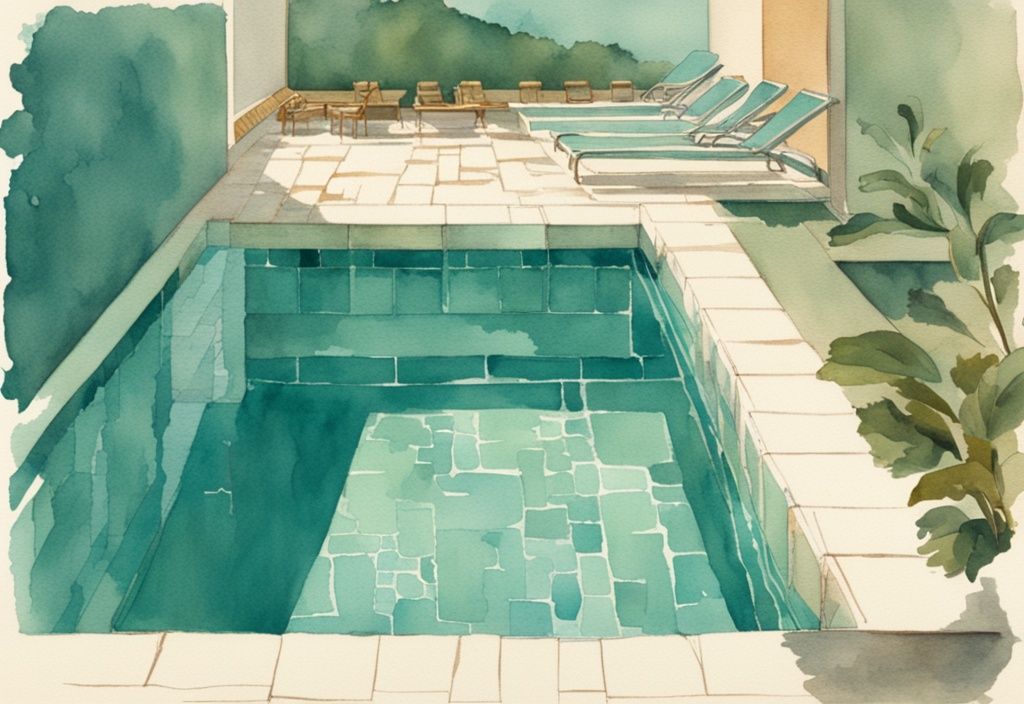 Vintage Aquarell-Illustration eines Pool-Ecks mit weißen Algen im Pool und an den Fliesen.