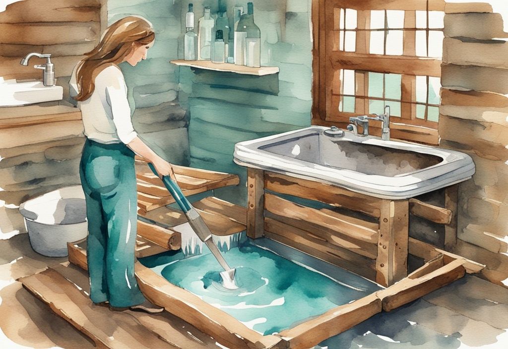 Vintage Aquarell-Illustration in Türkis, DIY-Enthusiast fügt letzte Details einem rustikalen Whirlpool-Umrandung aus wiederverwendeten Holzpaletten hinzu