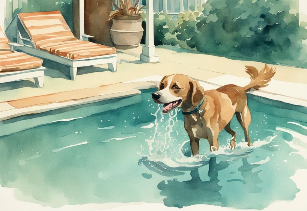 Vintage Aquarell-Illustration eines verspielten Hundes, der Wasser aus einem funkelnden chlorierten Schwimmbecken schlürft, Hauptfarbe: Türkis.