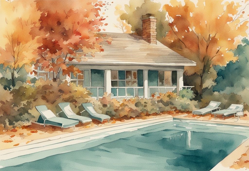 Vintage-Aquarell-Illustration eines Pools mit einer wetterfesten Abdeckung, umgeben von Herbstblättern, zur Vorbereitung auf den Winter ohne Wasserwechsel - Pool auswintern ohne Wasserwechsel