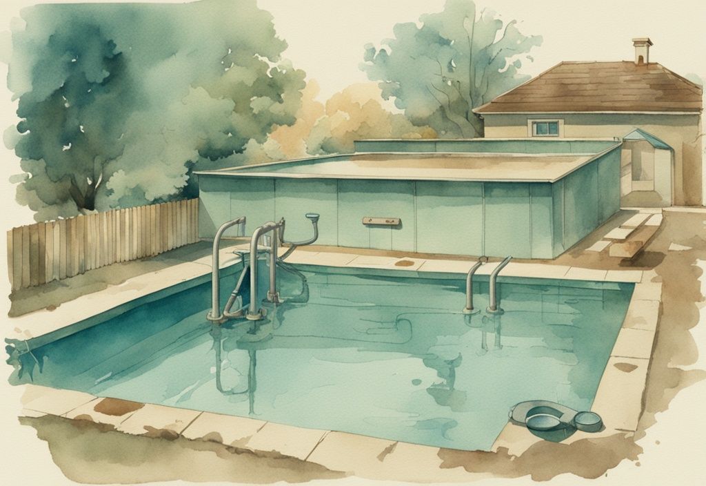 Vintage-Aquarell-Illustration eines leeren Pools und der Ausrüstung zum Poolwasser ablassen, Hauptfarbe Teal.