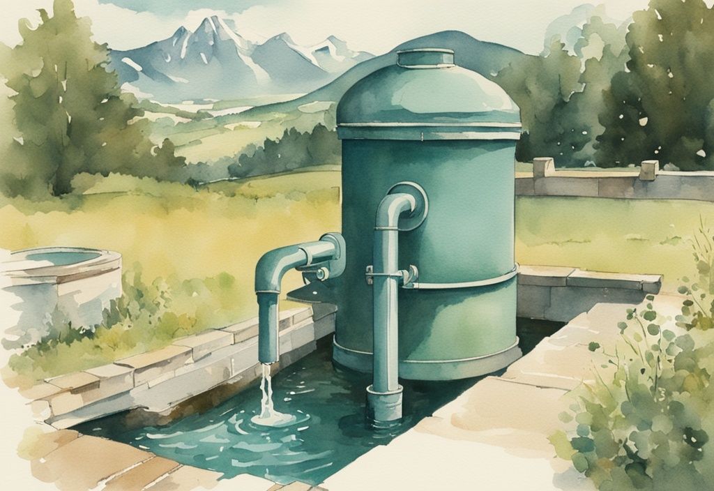 Vintage Aquarell-Illustration einer Person, die verantwortungsvoll Poolwasser in ein Entsorgungssystem ablässt, vor der malerischen Landschaft Bayerns mit Hauptfarbton Türkis.