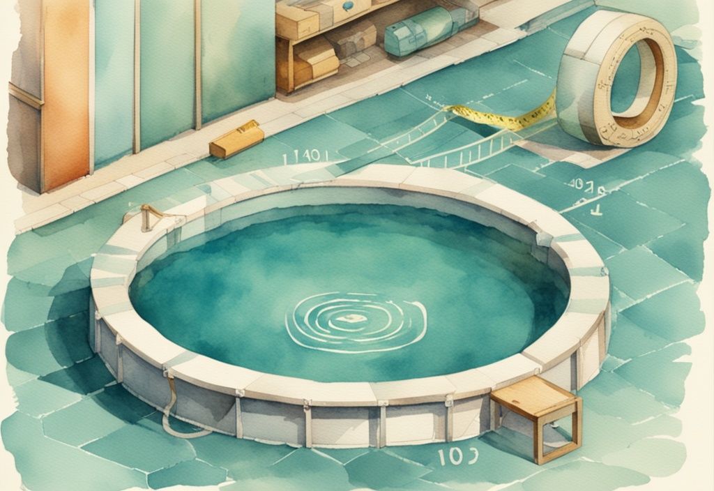 Vintage-Aquarell-Illustration eines runden Pools mit Wasser, Maßband entlang des Durchmessers und 3D-Grafik zur Berechnung der m3 bei rundem Pool.